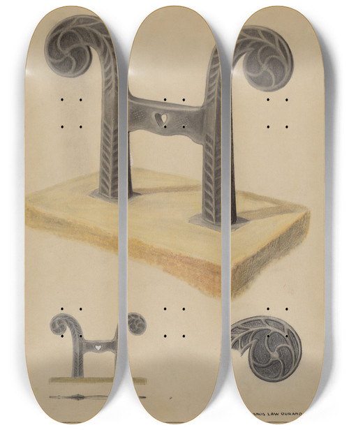 Triptych art skateboard deck of Francis Law Durand Foot Scraper by Francis Law Durand (1935)