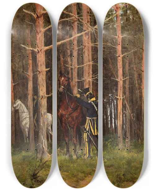 Triptych art skateboard deck of Julian Falat In The Forest Uhlans Post by Julian Falat (1853-1929)