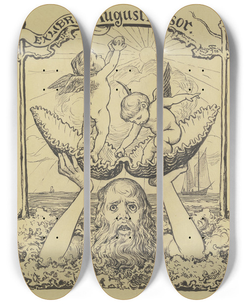 Triptych art skateboard deck of Hans Thoma Ex Libris August Rasor by Hans Thoma (1839-1924)