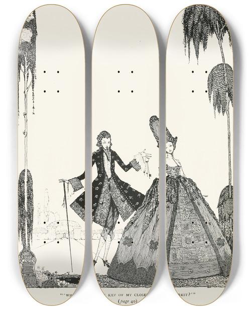 Triptych art skateboard deck of Harry Clarke What Is Not The Key Of My Closet Among The Rest by Harry Clarke (1889-1931)