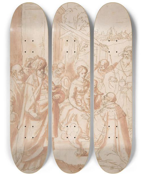 Triptych art skateboard deck of Frans Francken The Younger Adoration Of The Magi by Frans Francken the Younger (1581-1642)