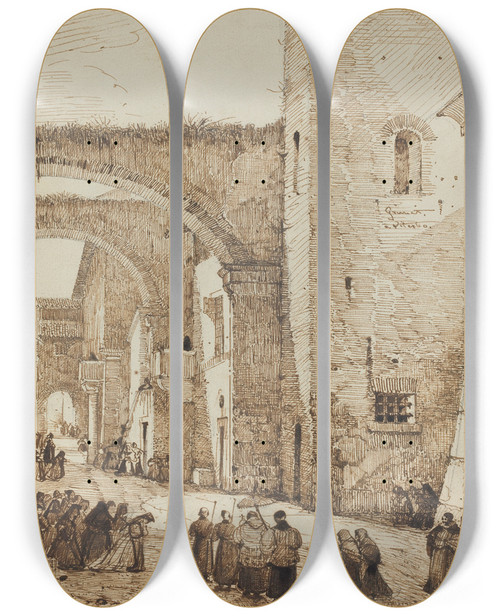 Triptych art skateboard deck of Franoismarius Granet A Priest Processing Through A Medieval Street In Viterbo by Franois-Marius Granet (1775-1849)