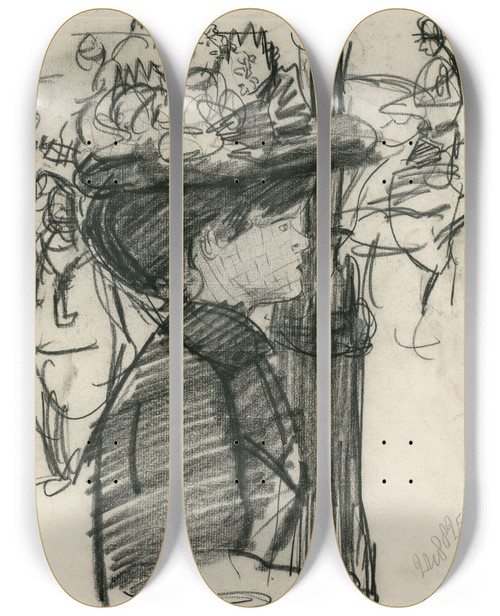 Triptych art skateboard deck of Isaac Israls Dame Met Grote Hoed Op Cafterras Halffiguur 2 by Isaac Israels (1865-1934)