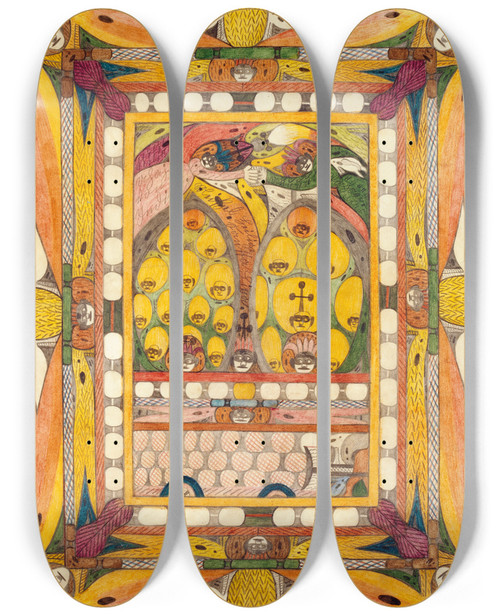 Triptych art skateboard deck of Adolf Wlfli Uhaja Von Indien Meine Liebe Taufpaatinn by Adolf Wolfli (1864-1930)
