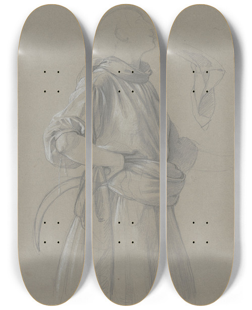 Triptych art skateboard deck of Jakob Becker Studie Einer Schnitterin Mit Sichel by Jakob Becker (1810-1872)