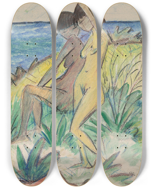 Triptych art skateboard deck of Otto Mueller Two Bathers by Otto Mueller (1874-1930)