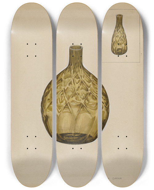 Triptych art skateboard deck of John Dana Flask Liquor by John Dana (1935)