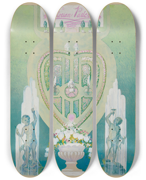 Triptych art skateboard deck of Joseph Stonefield Parterre And Fountains Of Blind Institution by Joseph Stonefield