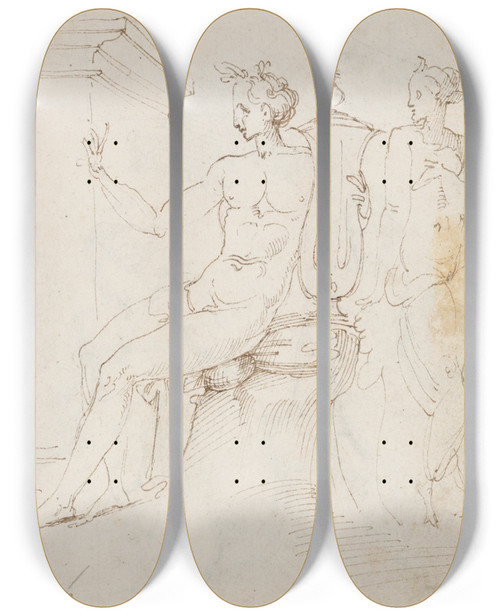 Triptych art skateboard deck of Francesco Salviati Sitzender Apoll Mit Lyra Und Eine Stehende Frau Links Eine Mauer by Francesco Salviati