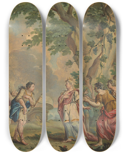 Triptych art skateboard deck of Rienk Keyert Telemachus En Mentor Komen Aan Bij De Nimf Calypso by Rienk Keyert (1709-1775)