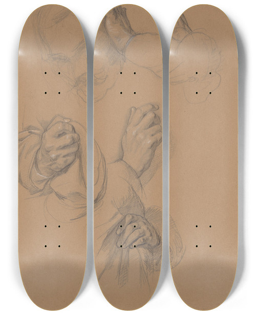 Triptych art skateboard deck of Jzef Simmler Sketch Of Head And Studies Of Hands Of Gniewosz Of Dalewice Studies Of Jagieos Hands For The Painting Queen Jadwigas Oath by Jozef Simmler (1823-1868)