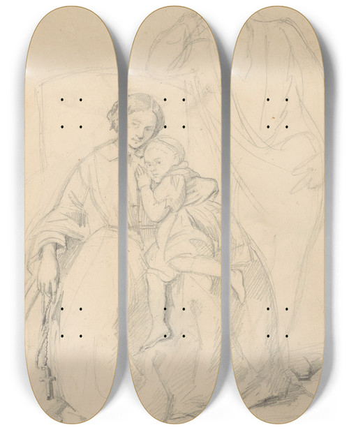 Triptych art skateboard deck of Jzef Simmler Sketch Of Catherine Jagiellon With Son Sigismund And John Grand Duke Of Finland To The Painting Catherine Jagiellon In Gripsholm Prison by Jozef Simmler (1823-1868)