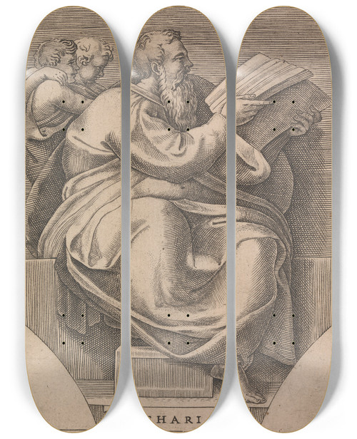 Triptych art skateboard deck of Adamo Scultori The Prophet Zachariah by Adamo Scultori (1530-1585)