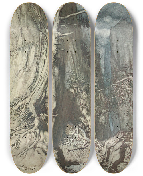 Triptych art skateboard deck of Arthur Rackham There As A Dread Dragon He Sojourns And In A Cave Keeps Watch Over Alberichs Ring by Arthur Rackham (1867-1939)