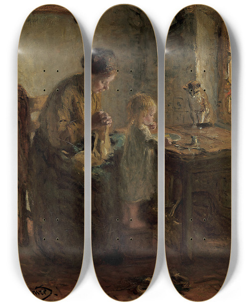 Triptych art skateboard deck of Bernardus Johannes Blommers Meal Time by Bernardus Johannes Blommers (1845-1915)