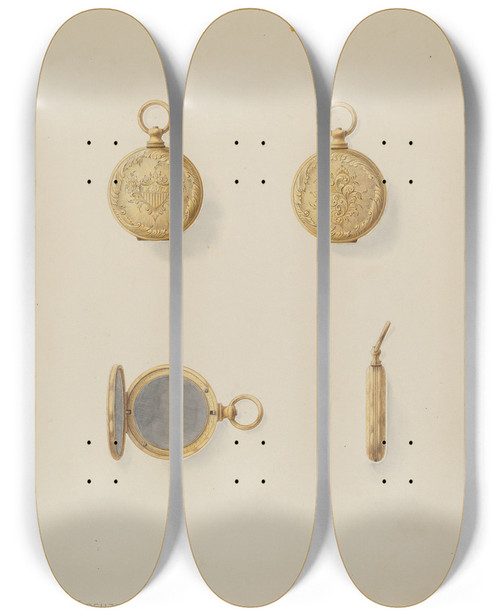 Triptych art skateboard deck of John H Tercuzzi Locket by John H Tercuzzi