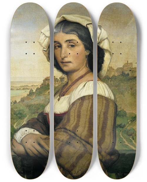 Triptych art skateboard deck of Ludvig Abelin Schou The Model Stella In The Background Ariccia by Ludvig Abelin Schou (1838-1867)
