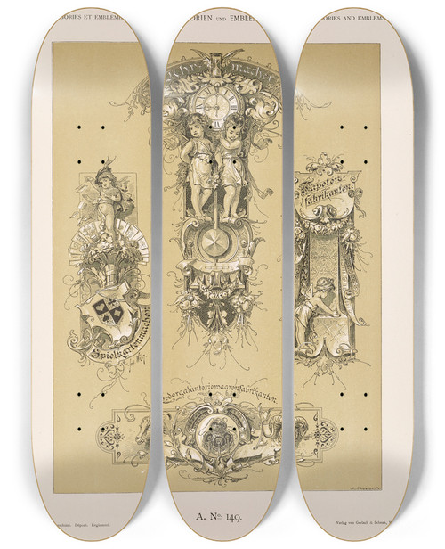 Triptych art skateboard deck of Albert Ilg Allegorien Und Embleme Vol Ii Pl160 by Albert Ilg (1847-1896)