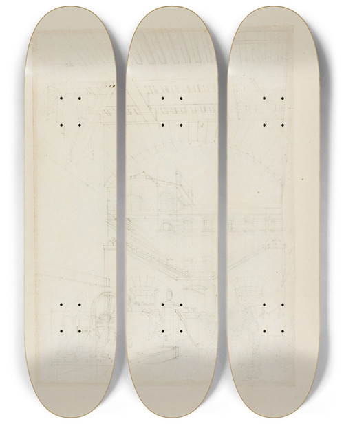 Triptych art skateboard deck of Augustus Charles Pugin Study For Water Engine Coldbath Fields Prison From Microcosm Of London by Augustus Charles Pugin (1762-1832)
