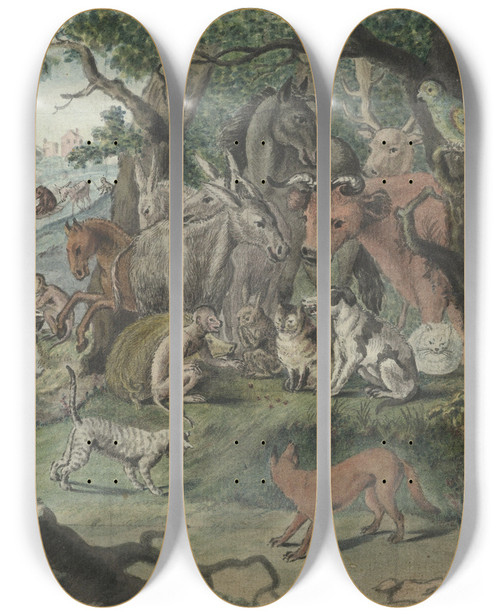 Triptych art skateboard deck of Jan Brandes Dobbelende Dieren by Jan Brandes (1743-1808)