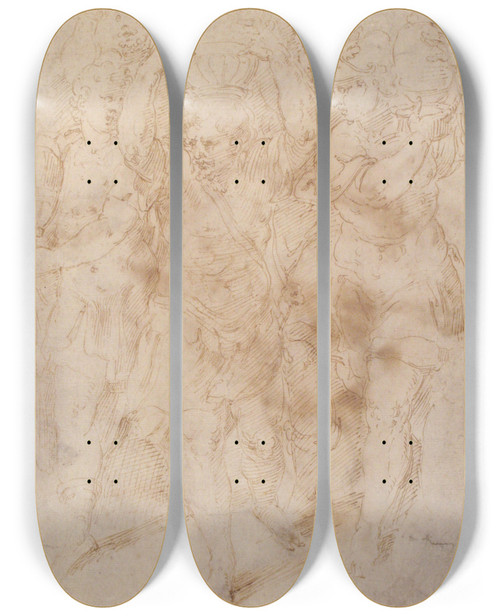 Triptych art skateboard deck of Girolamo Da Carpi Soldiers Carrying Urns by Girolamo Da Carpi (1501-1556)