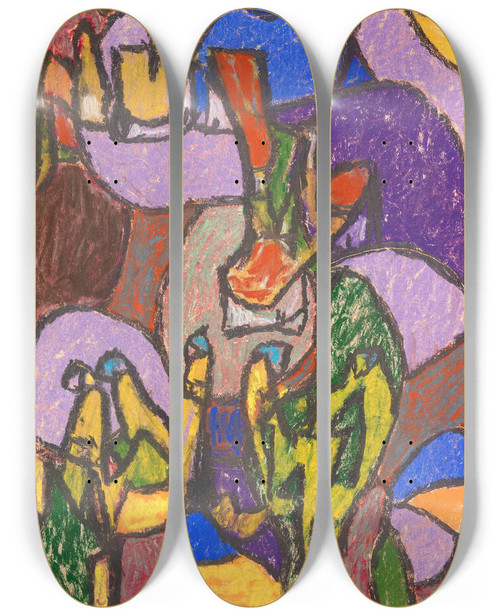 Triptych art skateboard deck of Adolf Hlzel Ohne Titel Figuren by Adolf Holzel (1853-1934)
