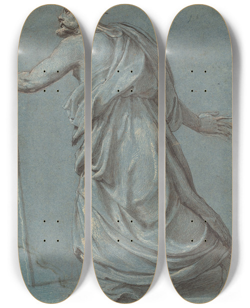 Triptych art skateboard deck of Girolamo Siciolante Da Sermoneta Study Of A Man Walking Towards The Left Holding A Staff by Girolamo Siciolante Da Sermoneta (1521-1580)