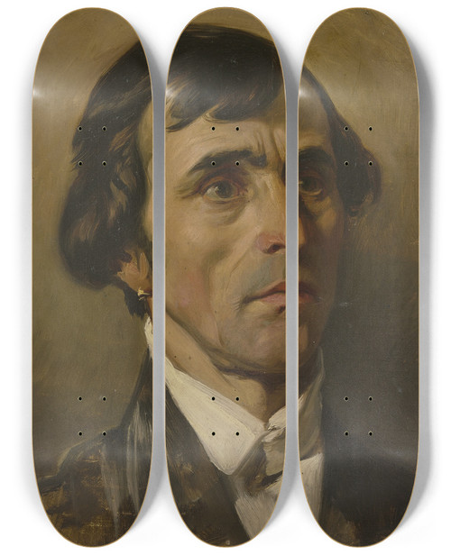 Triptych art skateboard deck of Jakob Becker Portrait Study Of A Man by Jakob Becker (1810-1872)