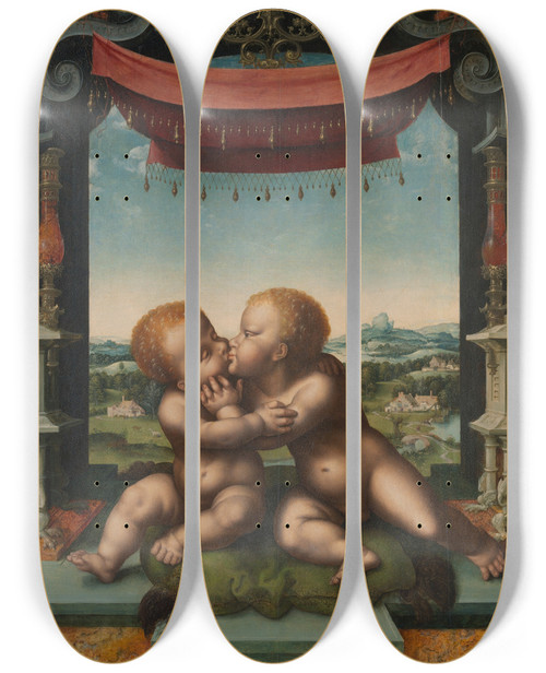 Triptych art skateboard deck of Workshop Of Joos Van Cleve The Infants Christ And Saint John The Baptist Embracing by Workshop of Joos van Cleve (1485-1540)