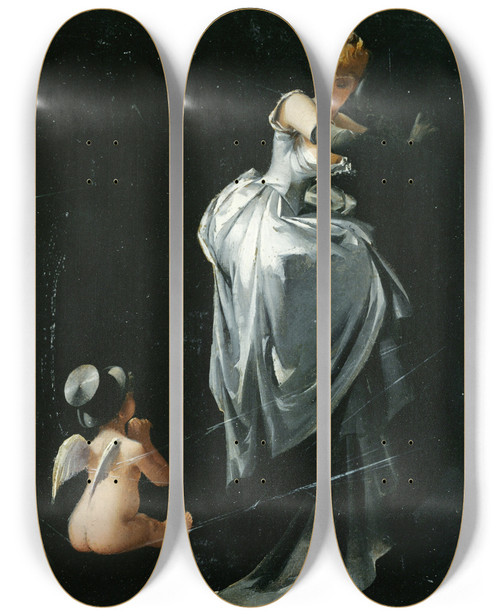 Triptych art skateboard deck of Luis Ricardo Falero Caught In The Web by Luis Ricardo Falero (1851-1896)