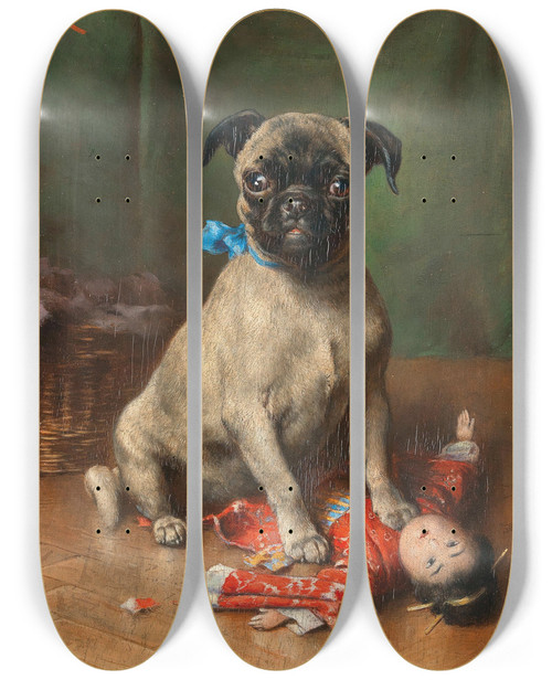 Triptych art skateboard deck of Carl Reichert A Pug With A Japanese Doll by Carl Reichert (1836-1918)