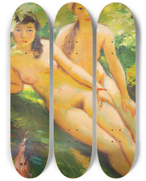 Triptych art skateboard deck of Frantiek Indel Two Nude Girls by Frantisek Sindelar (1887-1947)