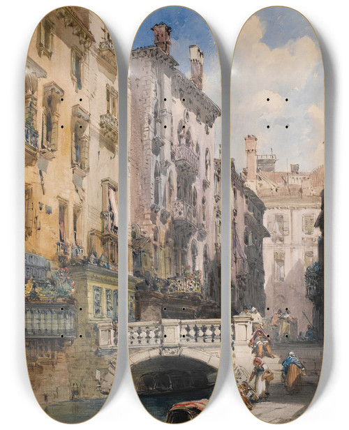 Triptych art skateboard deck of William Callow Canal Barataria Venice by William Callow (1812-1908)