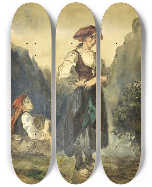 Triptych art skateboard deck of Eugne Delacroix Peasant Women From The Region Of The Eauxbonnes_2 by Eugene Delacroix (1798-1863)