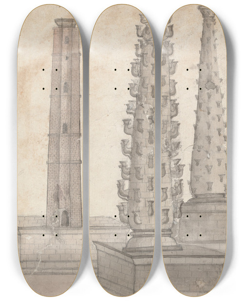 Triptych art skateboard deck of Gangaram Chintaman Tambat Illumination Columns by Gangaram Chintaman Tambat