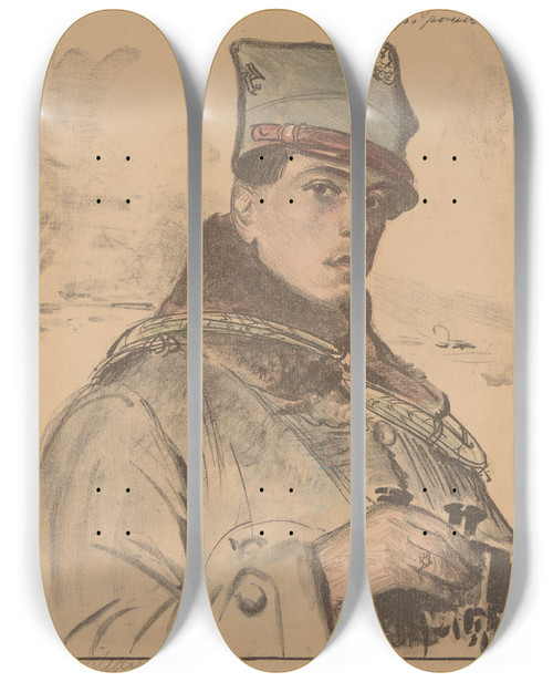 Triptych art skateboard deck of Leon Wyczkowski Jzef Relidzyski Second Lieutenant by Leon Wyczolkowski (1852-1936)