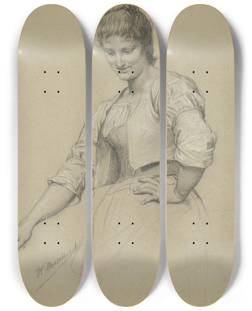 Triptych art skateboard deck of Johann Heinrich Hasselhorst Studie Nach Einer Italienerin Kniestck by Johann Heinrich Hasselhorst (1825-1904)