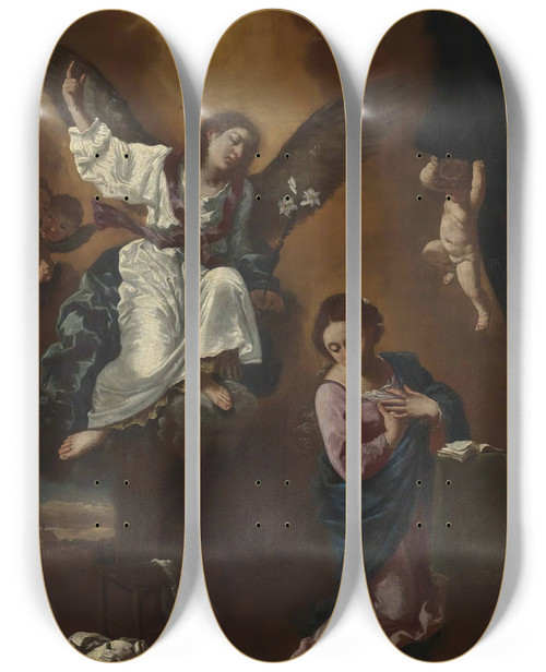 Triptych art skateboard deck of Flaminio Torre The Annunciation by Flaminio Torre (1620-1661)