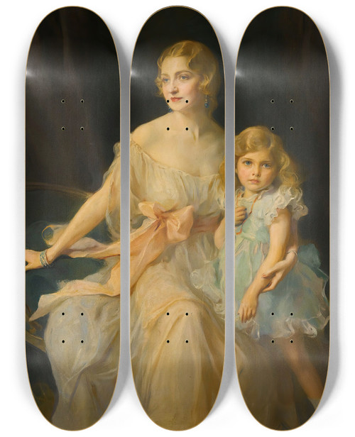Triptych art skateboard deck of Philip Alexius De Lszl Portrait Of Mrs Claude Leigh And Miss Virginia Leigh by Philip Alexius de Lszl (1869-1937)