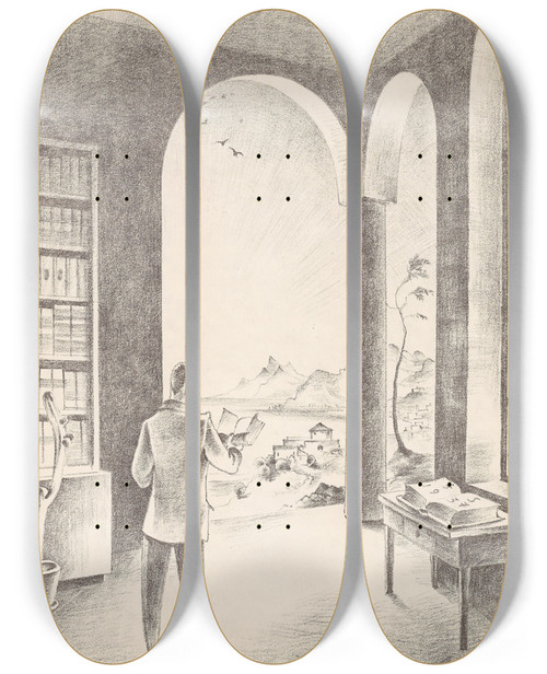 Triptych art skateboard deck of Franz Sedlacek Der Schriftsteller by Franz Sedlacek (1891-1945)
