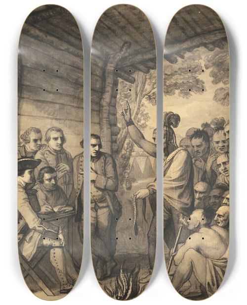 Triptych art skateboard deck of Benjamin West The Indians Giving A Talk To Colonel Bouquet In A Conference At A Council Fire Near His Camp On The Banks Of Muskingum In America In October 1764 1765 by Benjamin West (1738-1820)