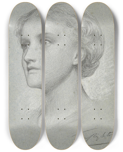 Triptych art skateboard deck of Frederic Leighton Head Of A Girl_1 by Frederic Leighton (1830-1896)