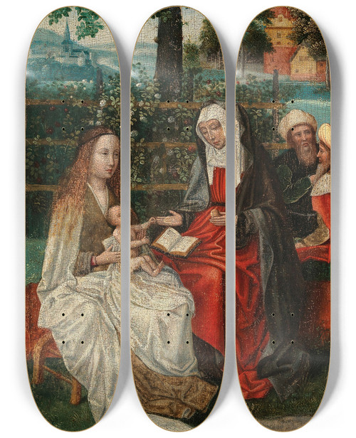 Triptych art skateboard deck of School Of Antwerp The Virgin And Child With Saint Anne In An Enclosed Garden With Joachim And Joseph Beyond by Antwerp School