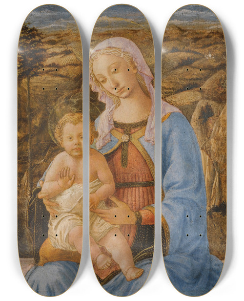 Triptych art skateboard deck of Francesco Pesellino The Madonna And Child Seated On A Window Ledge A Landscape Beyond by Francesco Pesellino (1422-1457)