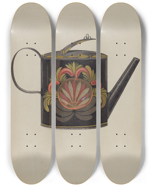 Triptych art skateboard deck of Jacob Gielens Toleware Tin Coffee Pot by Jacob Gielens
