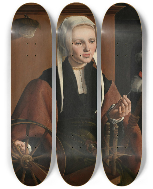 Triptych art skateboard deck of Maarten Van Heemskerck Portrait Of A Woman Possibly Anne Codde by Maarten Van Heemskerck (1498-1574)