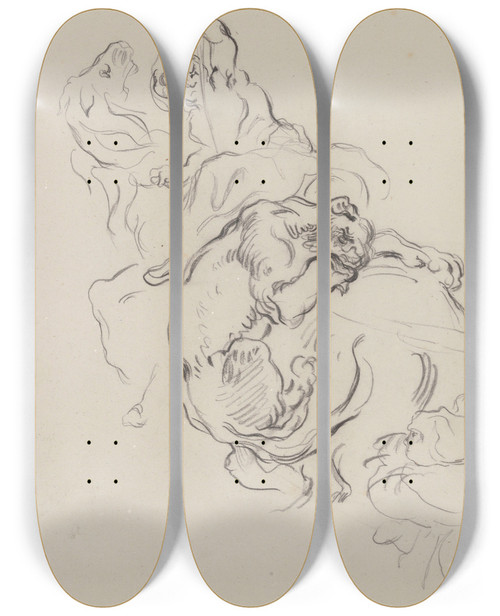Triptych art skateboard deck of James Ensor Study Of The Lion Hunt by James Ensor (1860-1949)