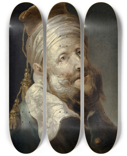 Triptych art skateboard deck of Tiberius Dominikus Wocher Oriental With Turban And Fez With Two Tassels by Tiberius Dominikus Wocher (1728-1799)