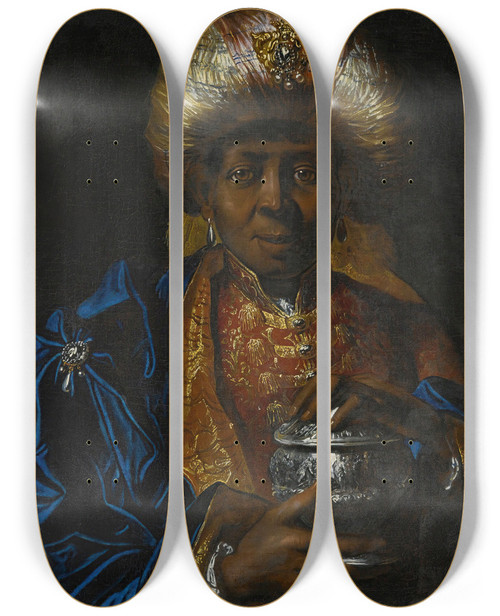 Triptych art skateboard deck of Jacquesalbert Grin The Magus Balthazar by Jacques-Albert Grin (1632-1702)