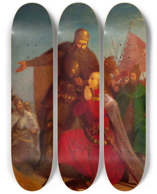 Triptych art skateboard deck of Jan Matejko Wadysaw Jagieo And Vytautas Praying Before The Battle Of Grunwald by Jan Matejko (1838-1893)